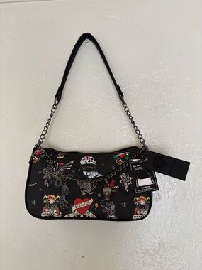 New Ed Hardy Black Tattoo-Print Chain Shoulder Bag